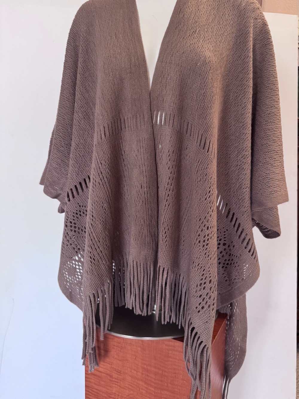 Nine West Taupe Fringed Knit Poncho